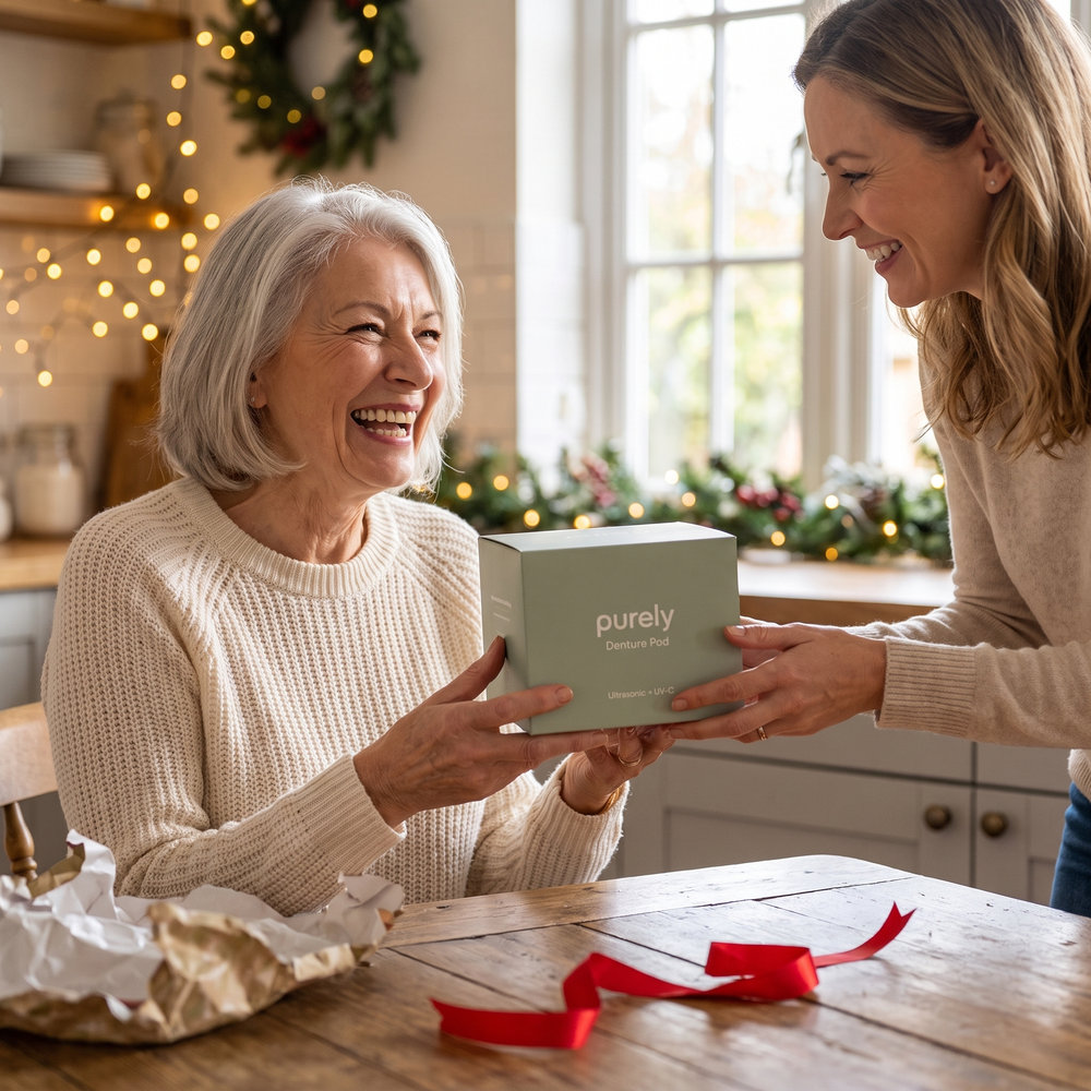 Daughter giving her mom a Purely Denture Pod gift