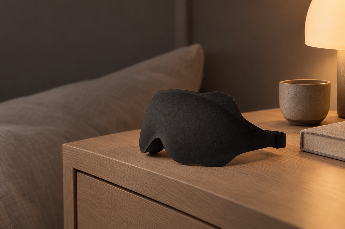 The mask on a nightstand beside a ceramic cup and a book in warm evening light