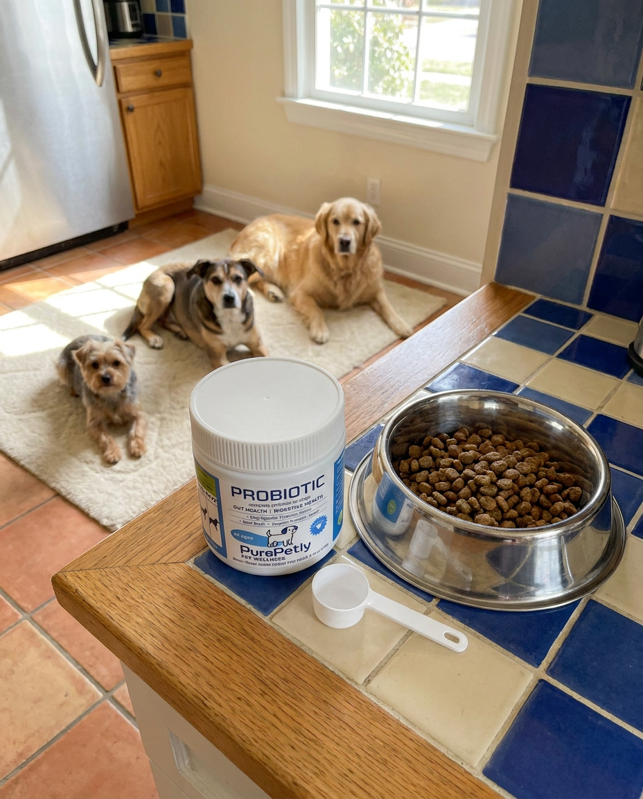 PurePetly jar and measuring scoop beside a small terrier, medium mixed breed and large golden retriever — dosing by dog weight