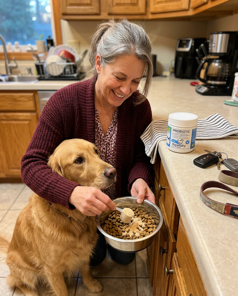 Dog owner adding a scoop of PurePetly probiotic powder to her golden retriever's dinner bowl