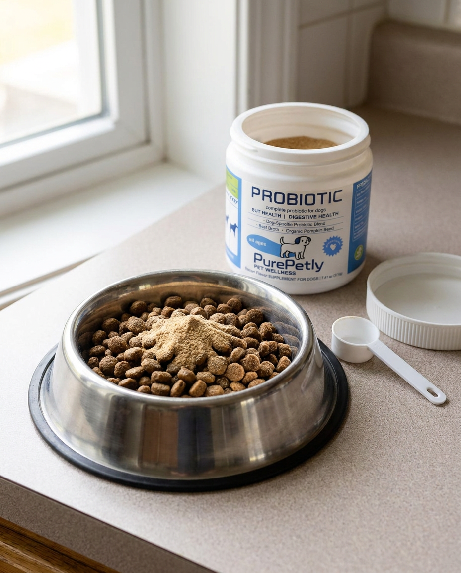 Scoop of PurePetly powder sprinkled over a bowl of dry dog food beside the open jar