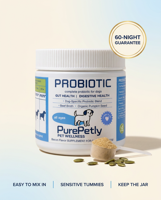 PurePetly canine probiotic jar with 60-night guarantee badge — easy to mix in, made for sensitive tummies, keep the jar