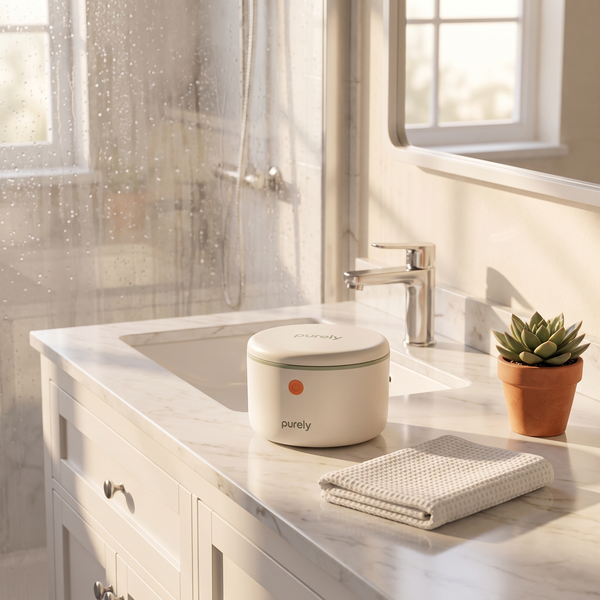 Purely Pod running on a bathroom counter beside the shower