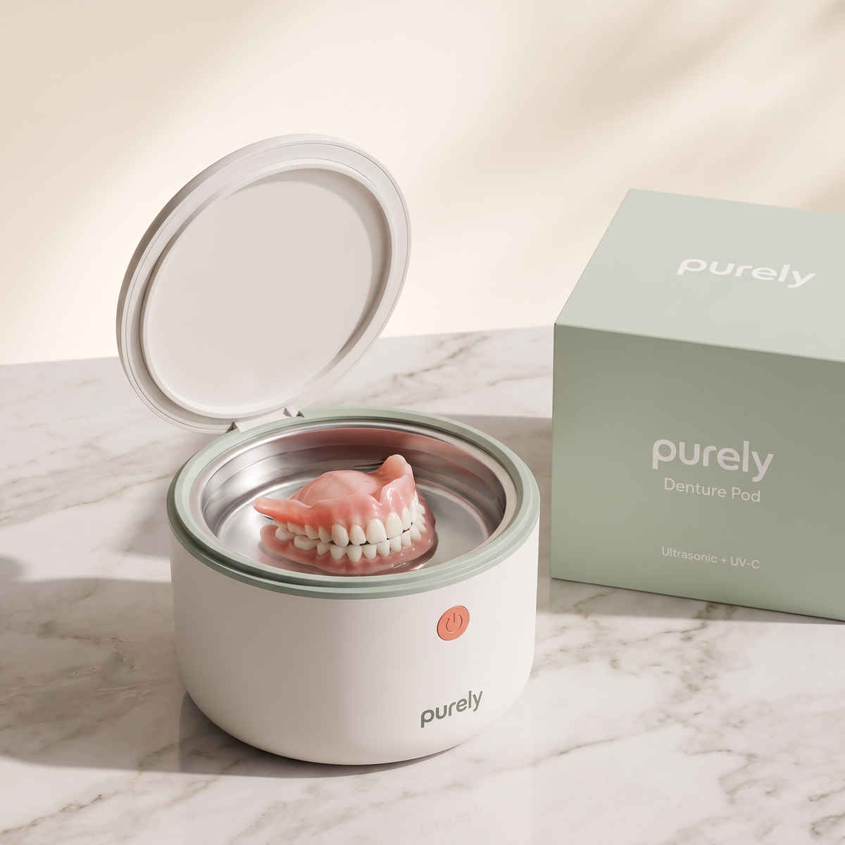 Purely Denture Pod with a full upper and lower denture inside, next to its box