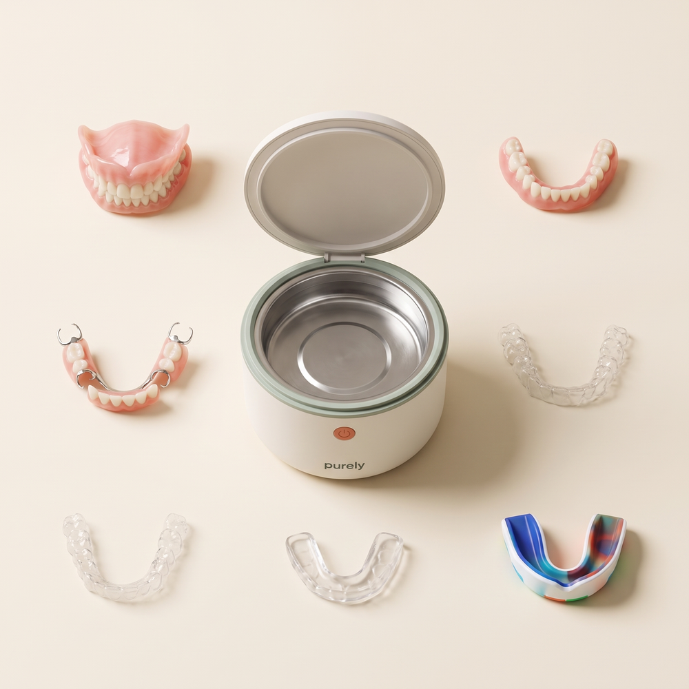 Purely Pod cleans dentures, partials, retainers, night guards and mouth guards