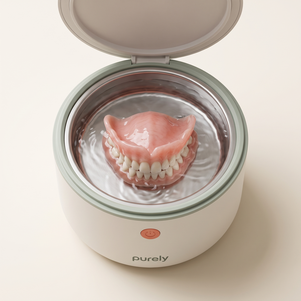 Both denture plates fit together inside the Purely Pod