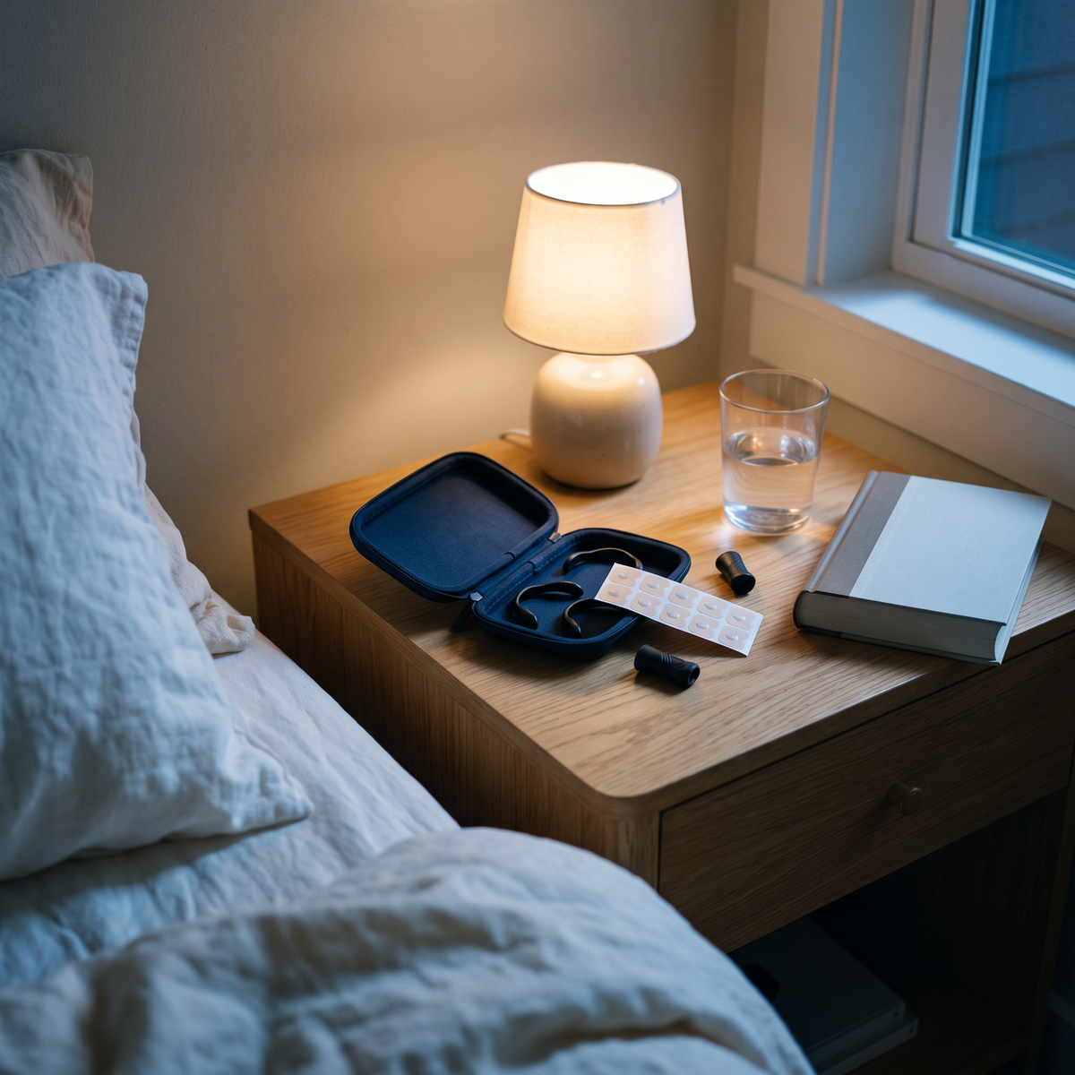Bedside nighttime routine with the travel case