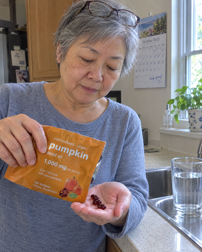 Tipping the daily three softgels from the pouch into her palm