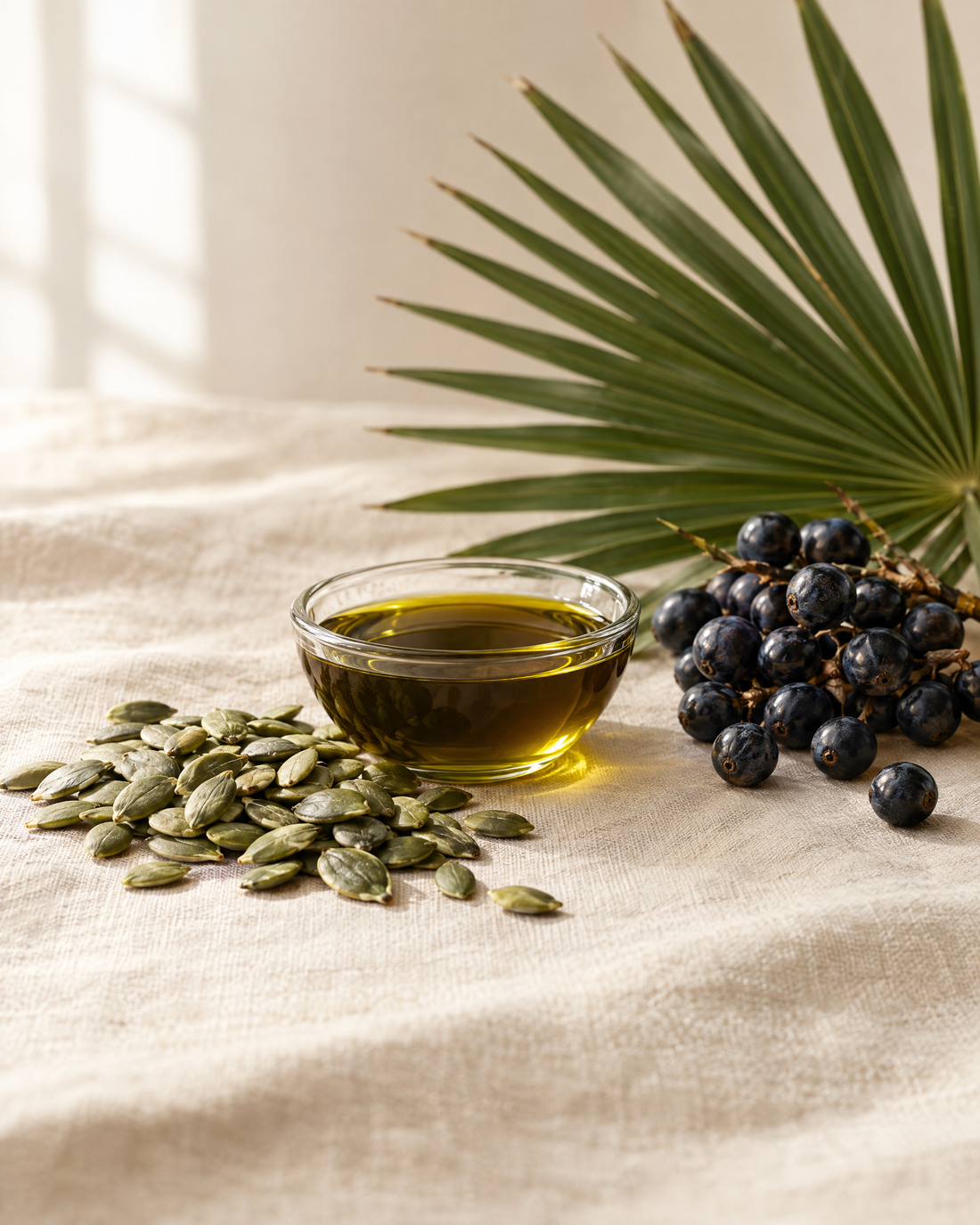 Pumpkin seed oil, pumpkin seeds and saw palmetto berries on linen