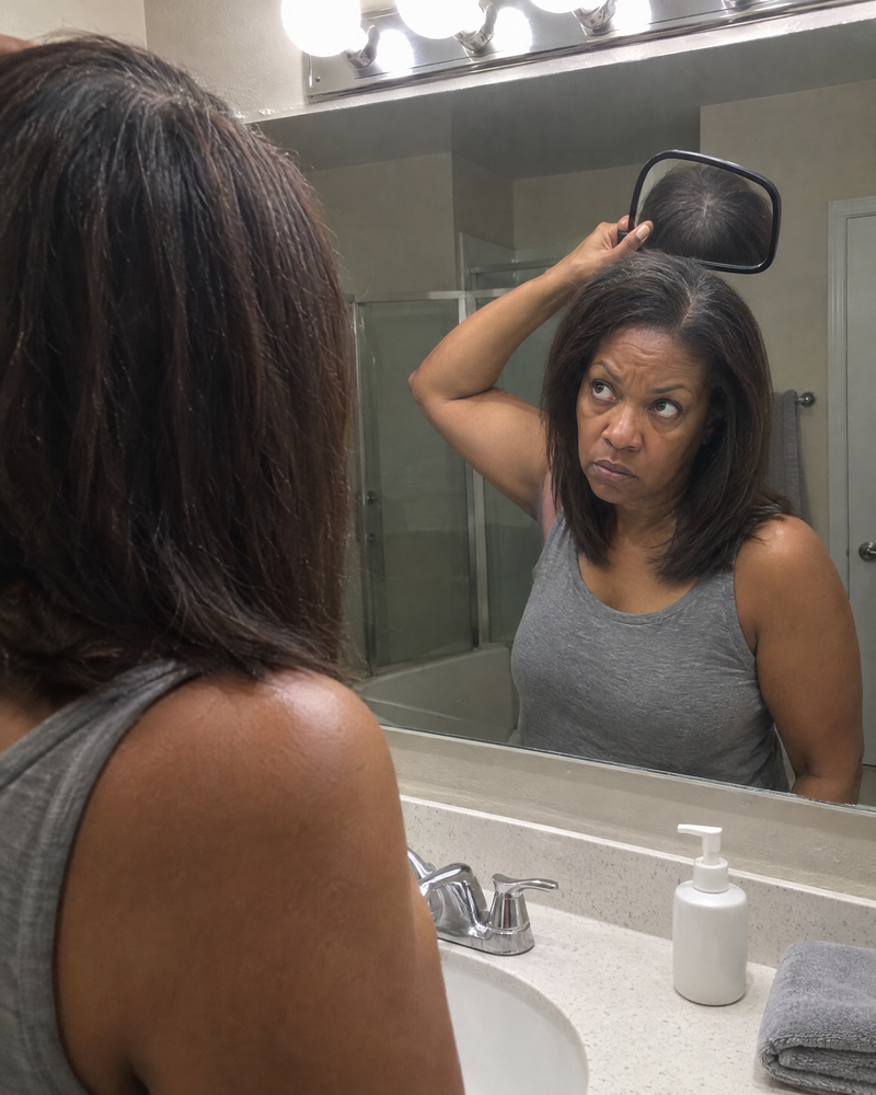 Woman using a hand mirror to check the crown of her head under bright vanity lights