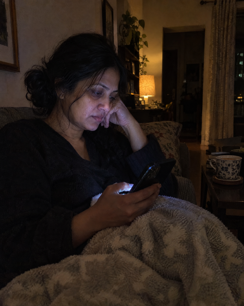 Woman searching on her phone late at night