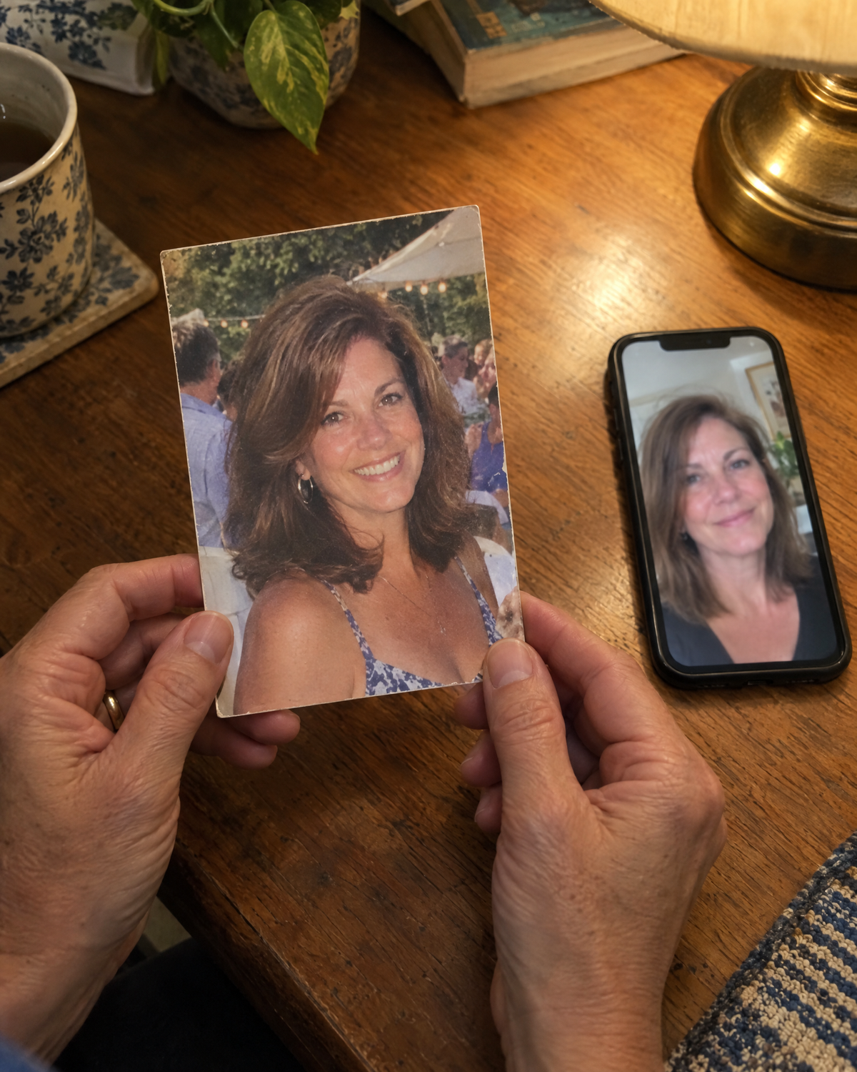 Hands holding an older printed photo beside a recent selfie