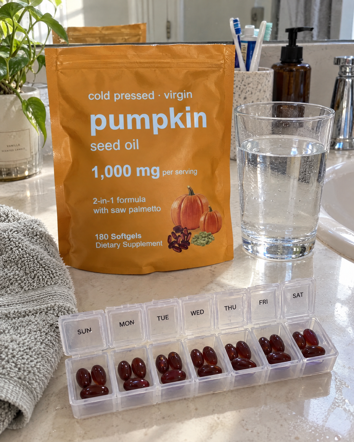 Weekly pill organizer with three softgels per day beside the pouch