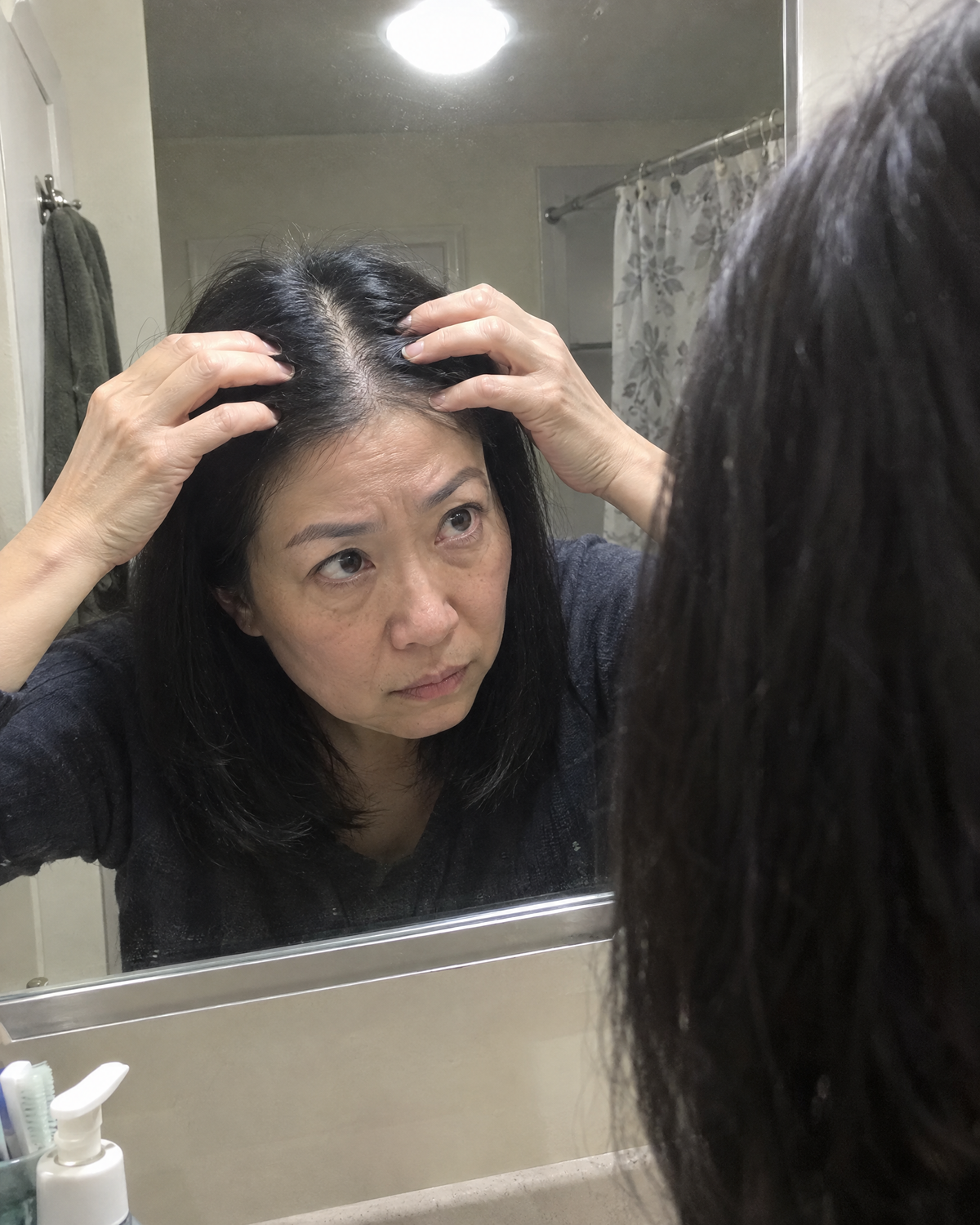 Woman checking her center part under a bright bathroom light