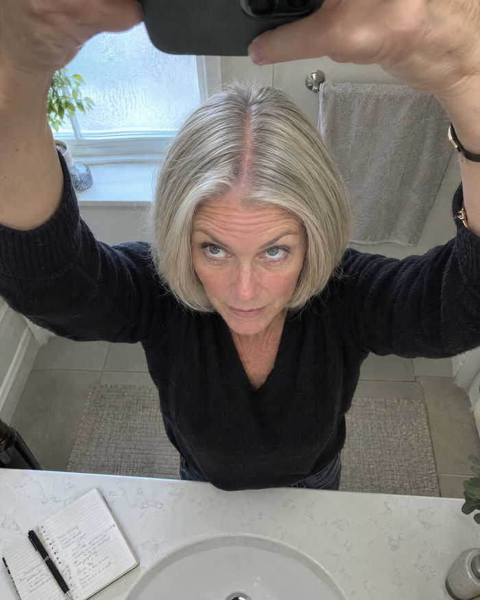 Woman photographing her own part with her phone held above her head