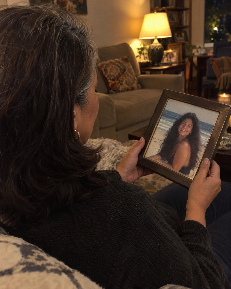 Woman looking at a framed photo of herself from years ago