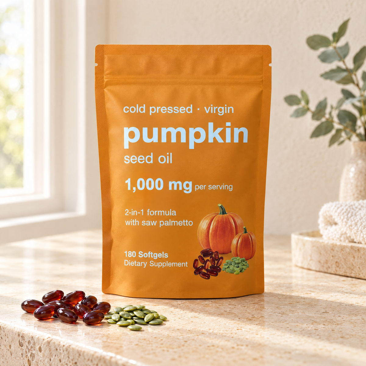 Pumpkin seed oil and saw palmetto softgel pouch on a bathroom vanity