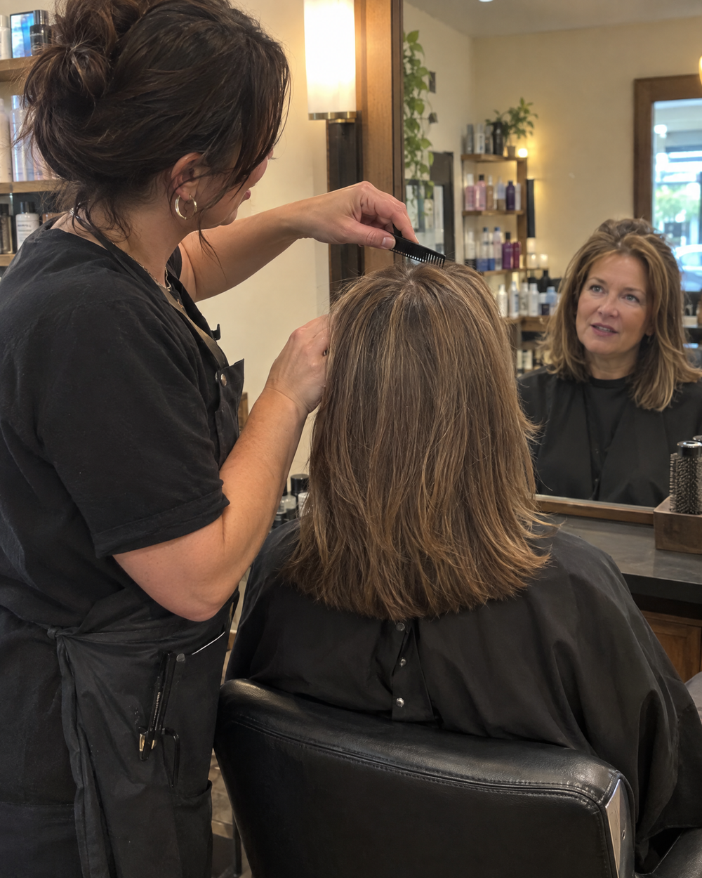 Hairstylist sectioning a client's hair at the crown