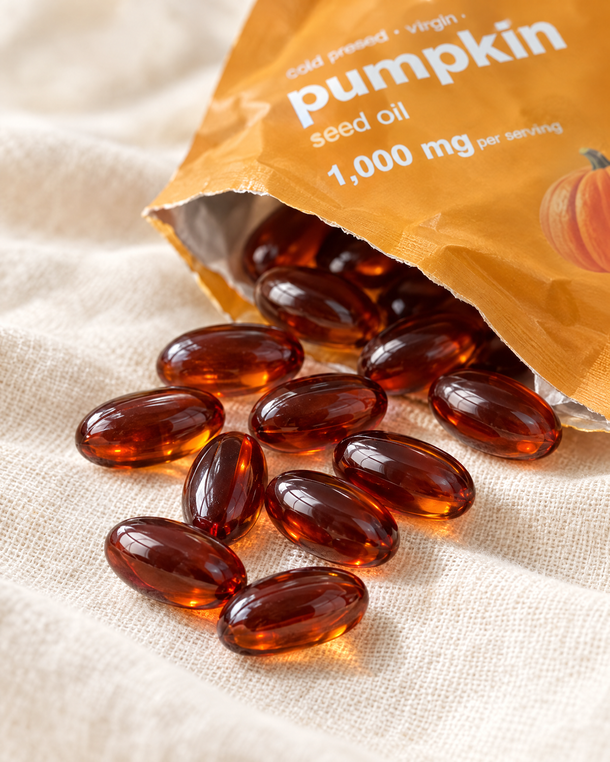 Amber softgels spilling from the pouch onto linen