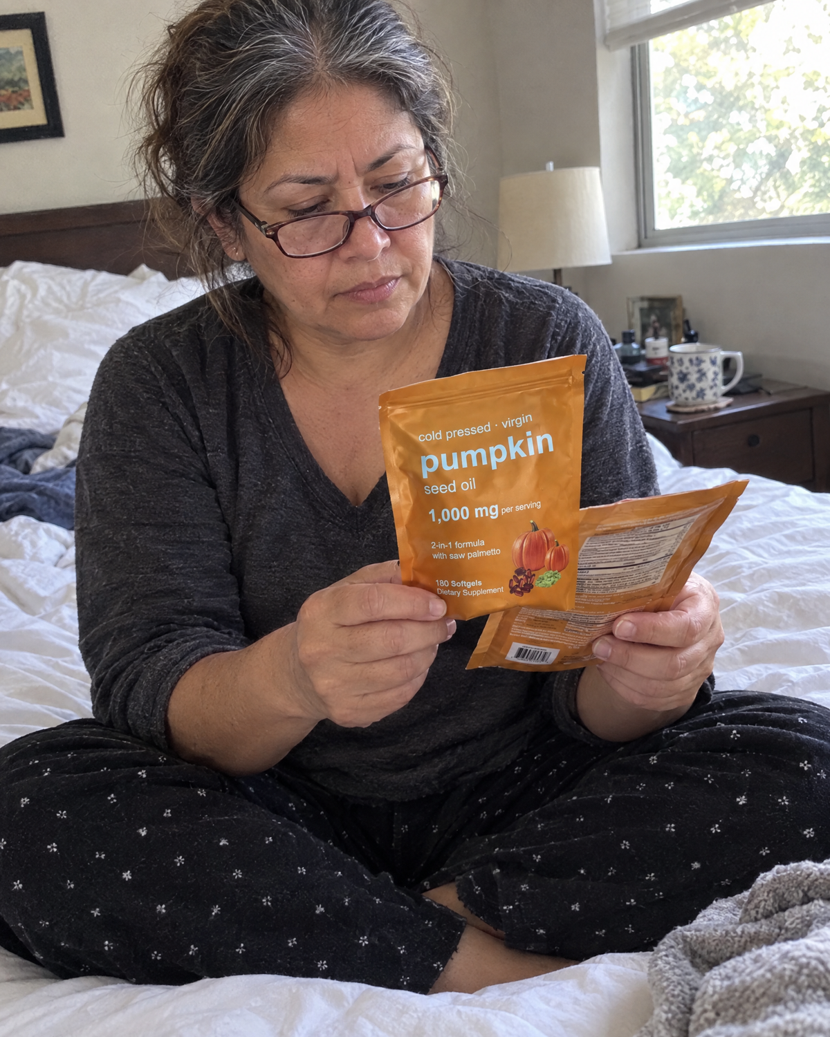 Woman reading the pouch label on her bed