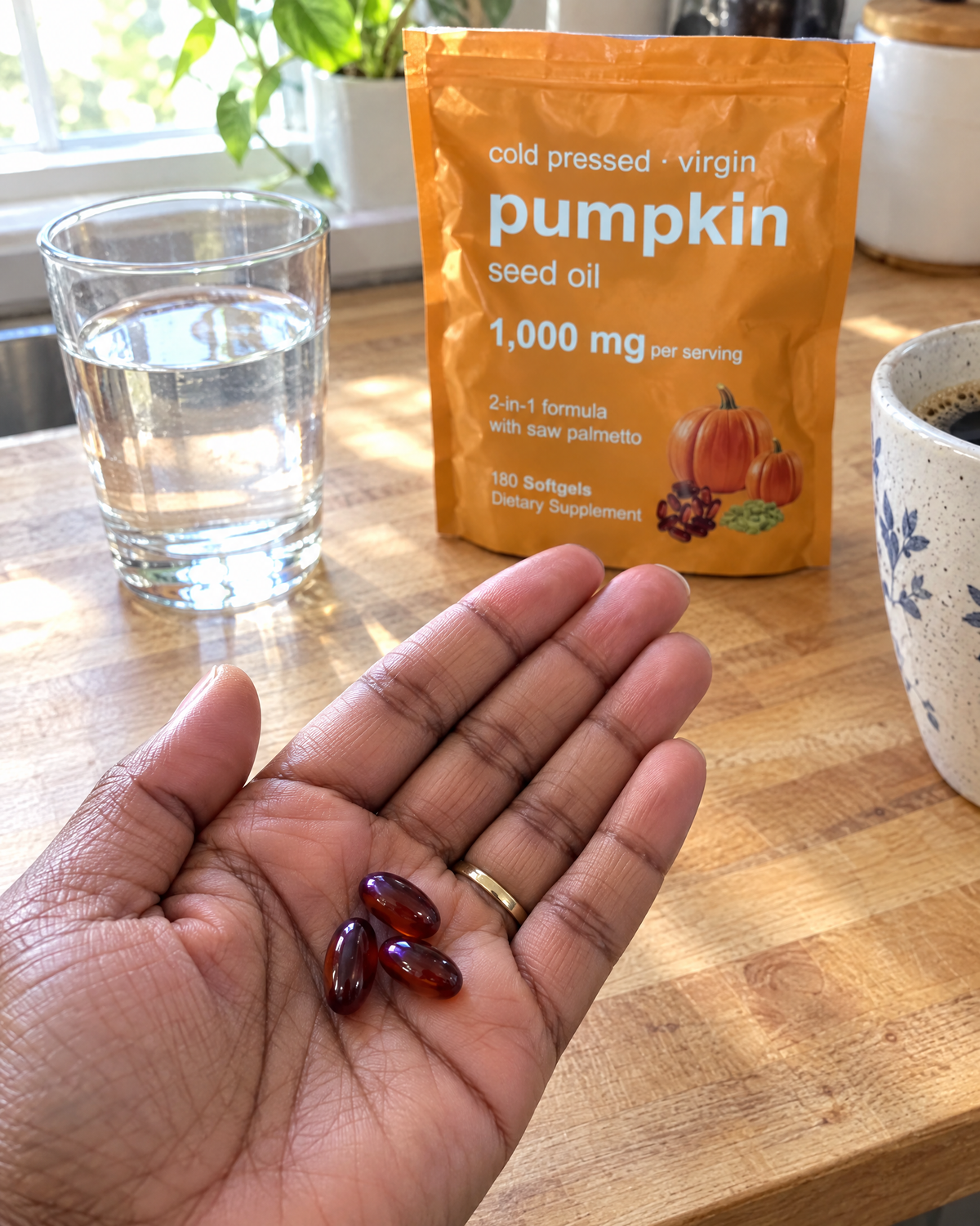 Three softgels in an open palm beside the pouch and a glass of water