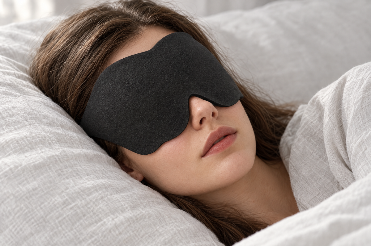Sleeping on her side in the mask, its thin side wing lying flat against the pillow
